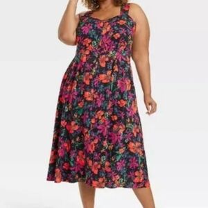 AVA & VIV Sleeveless Red, Black, and Purple Floral Print Midi Dress, Size 4X